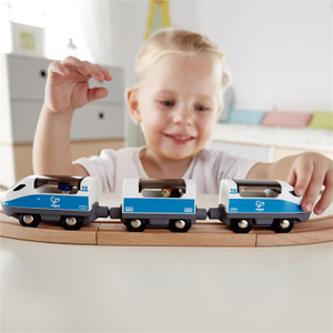 Hape Intercity Train Toy | Kids Train Toy Set with Accessories, 3 X Open/Close Magnetic Carriages, Passenger And Driver Figurines Included, Blue/White
