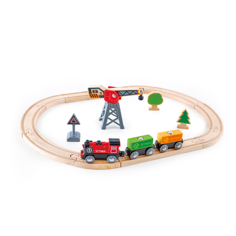 Hape Cargo Delivery Loop | Wooden Train And Tracks with Safety Marks, Magnetic Cargo Lifting Crane, Battery Powered Control Engine, Railway Play Set for Toddlers