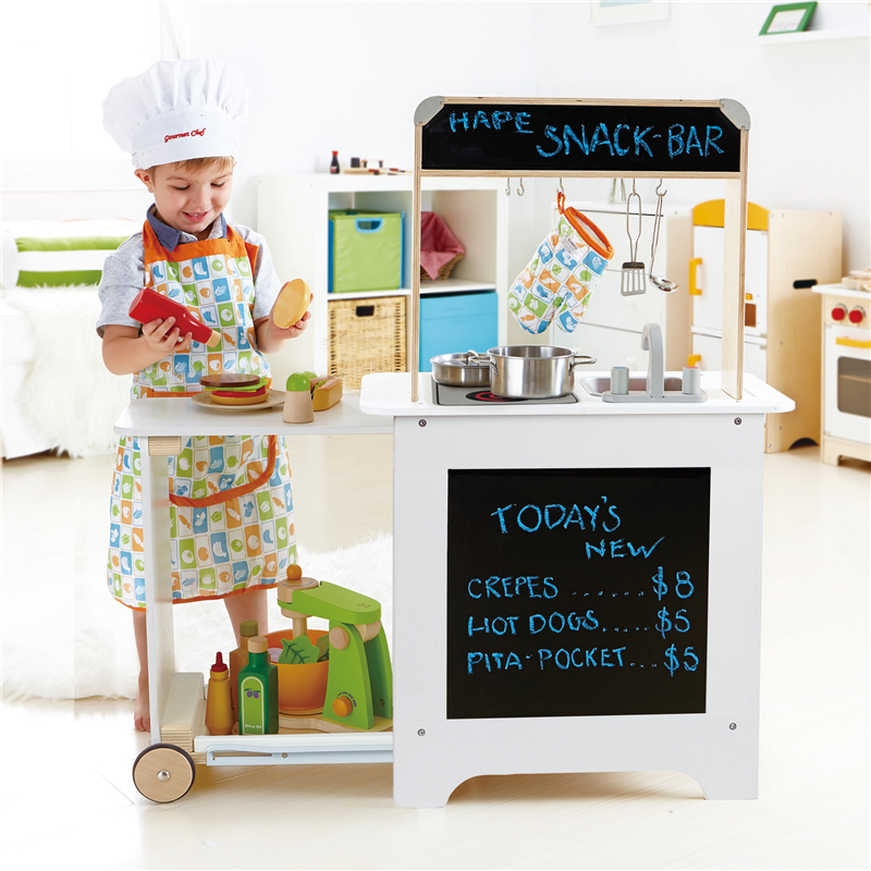 Hape Cook ‘n Serve Kitchen | Multi-Colored Pretend Play Wooden Kitchen Set With Pull-out Counter And Chalkboard For Kids