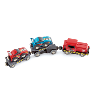Hape Race Car Transporter | Six-Piece Wooden Toy Train Car Transport Set for Kids
