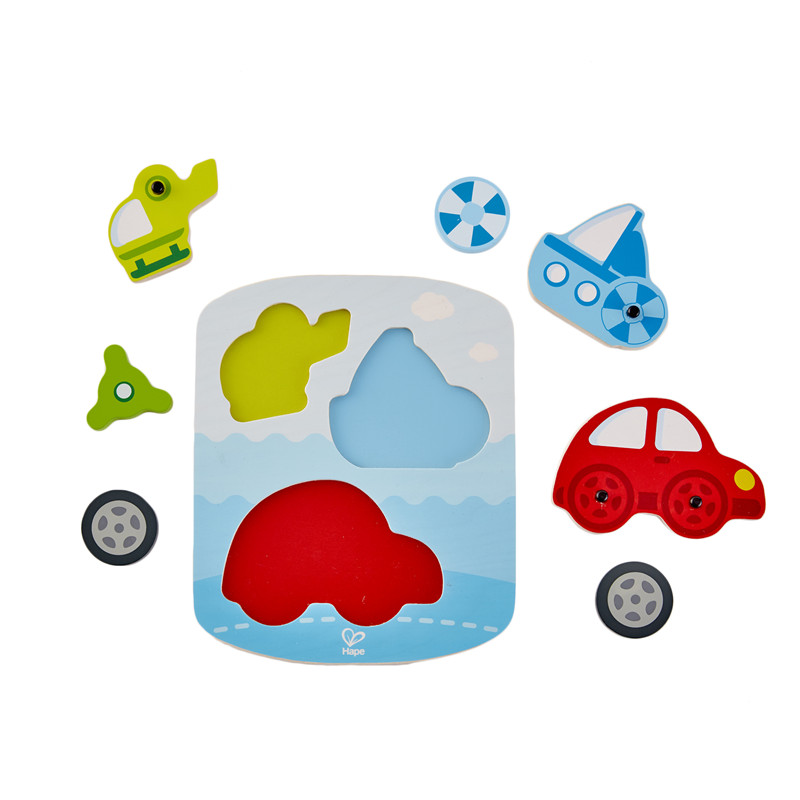 Hape Dynamic Vehicle Puzzle | 3 Piece Wooden Shape Sorting Jigsaw Puzzle Game for Toddlers, Multi-Color