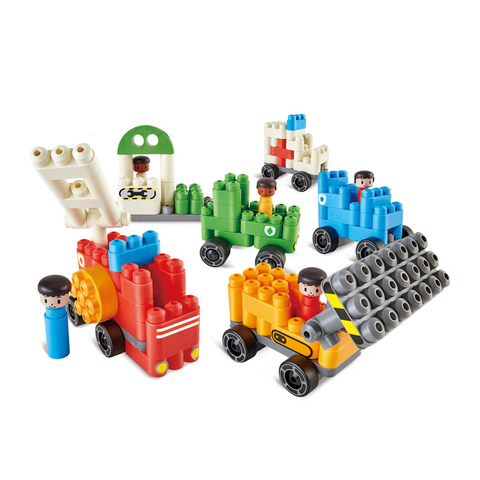 Hape PolyM City Vehicles | 130 Piece Building Brick Vehicle Toy Set with Figurines & Accessories