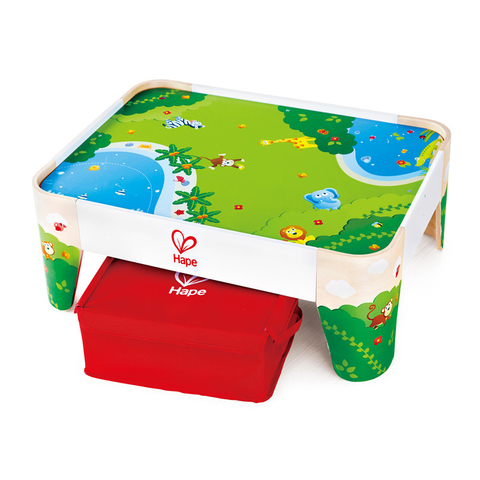 Hape Railway Play Table | Kids Table with Fabric Storage Box for Train Sets and Accessories, Jungle Themed Graphics, Sturdy Wooden Table Perfect for Railway Play
