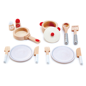 Hape Cook & Serve Set | 13 Piece Wooden Pretend Play Cooking Set With Accessories