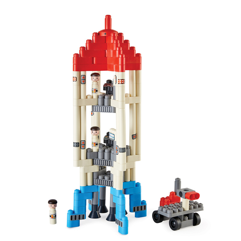 Hape PolyM Adventure Rocket | 138 Piece Building Brick Rocket Toy Set with Figurines & Accessories